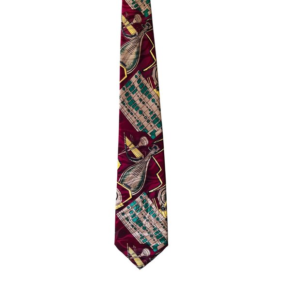 Vintage Santé 100% Silk Music-Themed Burgundy Necktie With Lute & Sheet Music - Picture 1 of 5